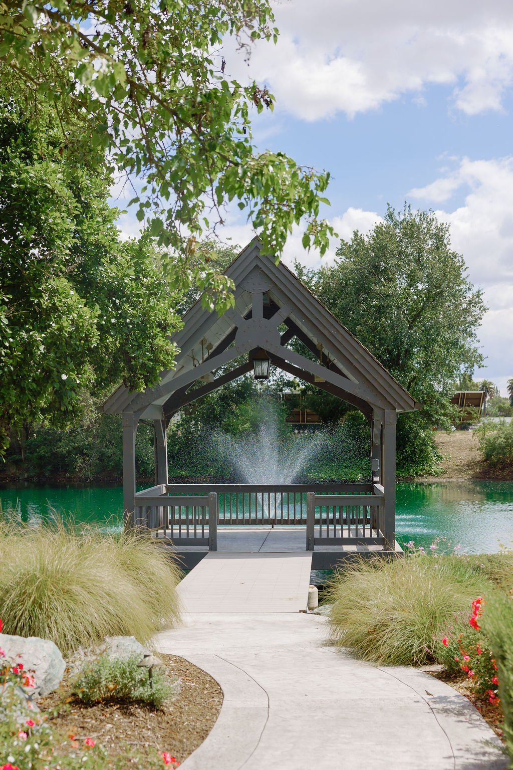 The lake gazebo and fountain at the end of the dock