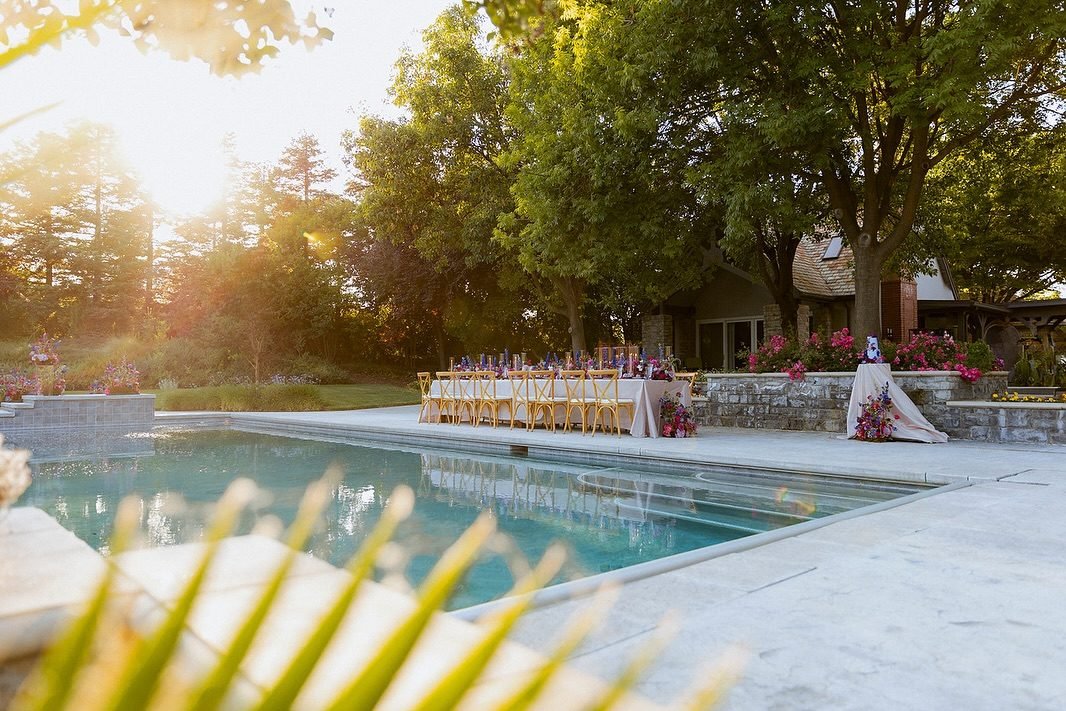 The pool and grounds in evening light